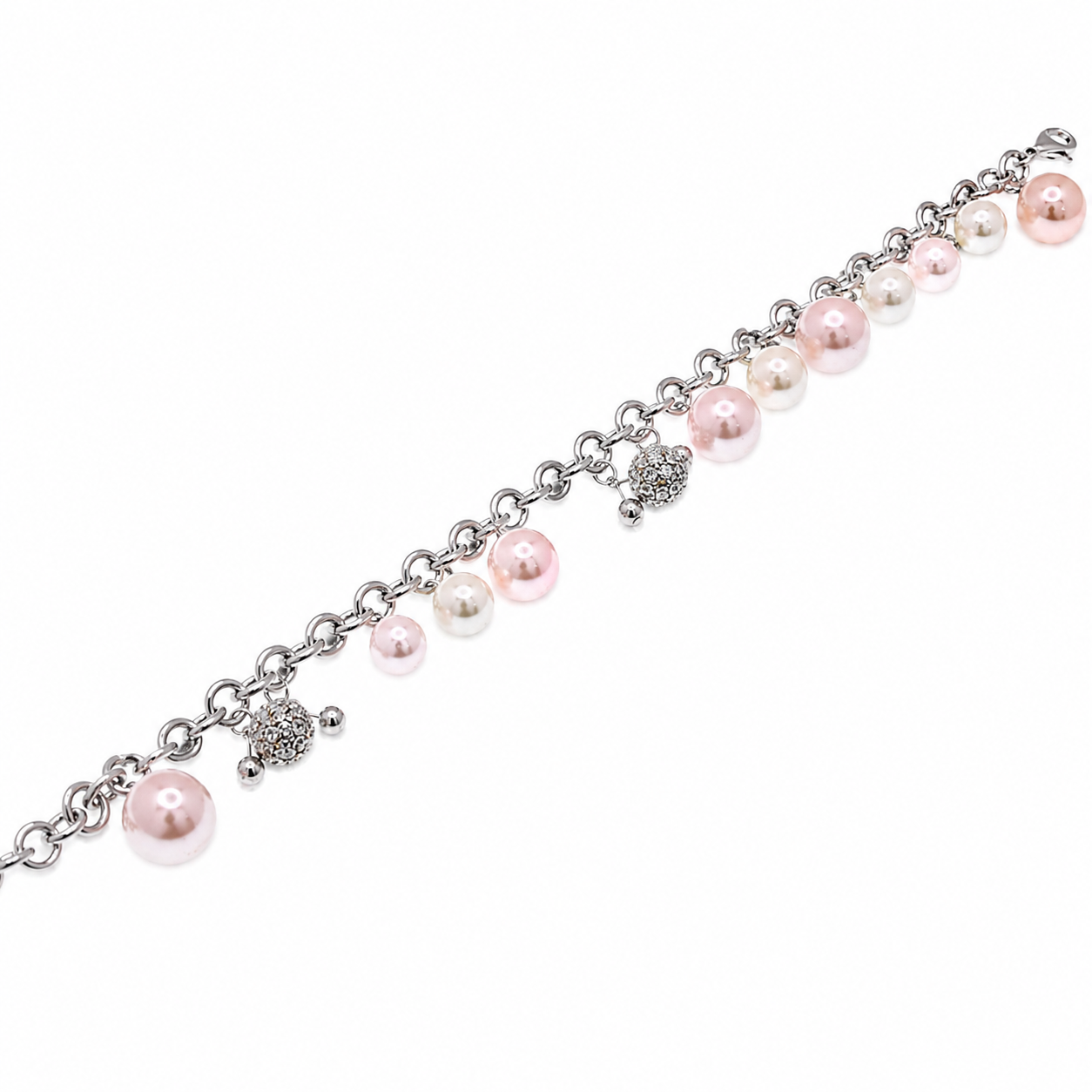 Clearance - Rhodium Plated 925 Silver White & Pink Multi Pearl & CZ Charm Bracelet- SPB00043