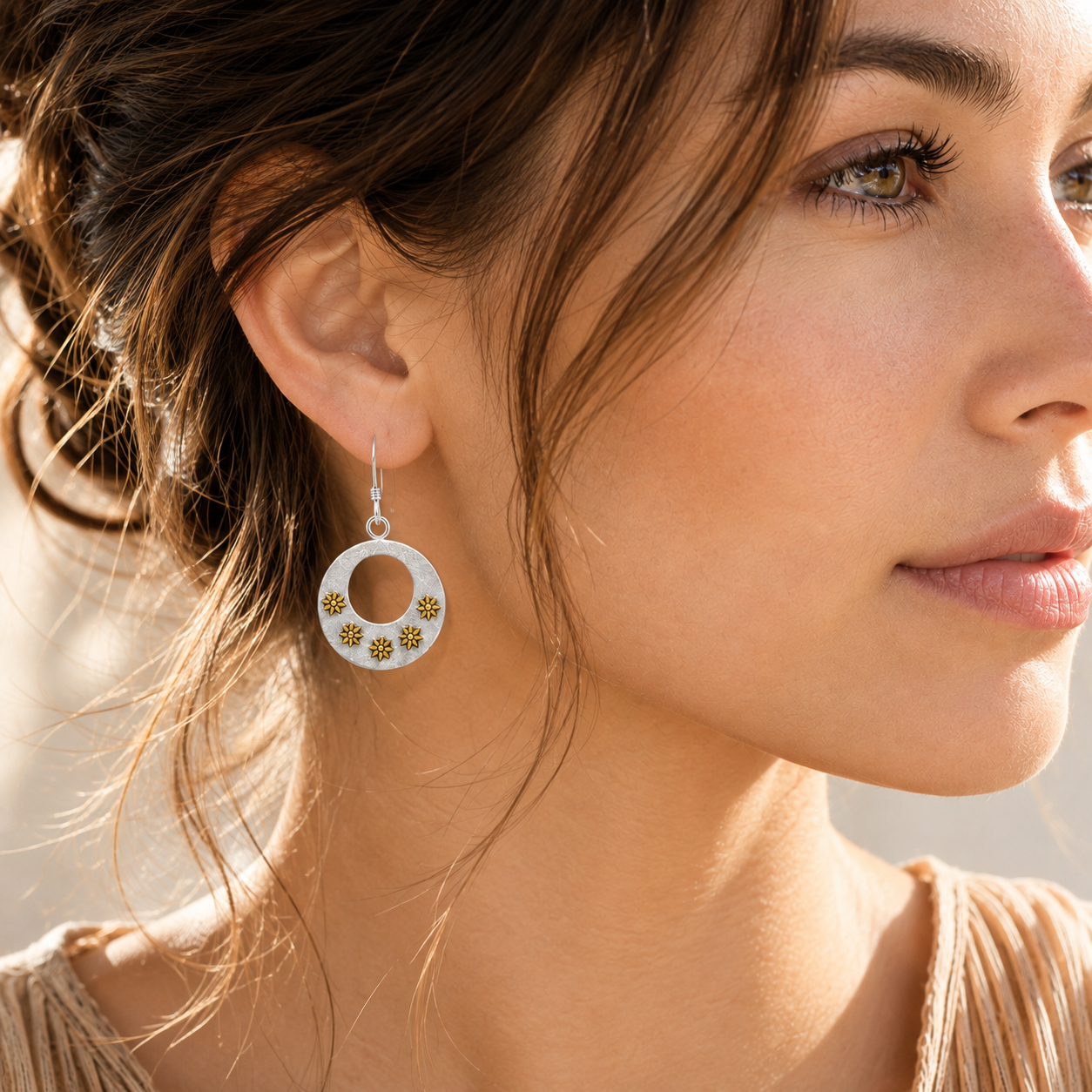 Silver 925 Matte Finish Dangling Open Disc Flower Earrings - SPE00001 | Silver Palace Inc.