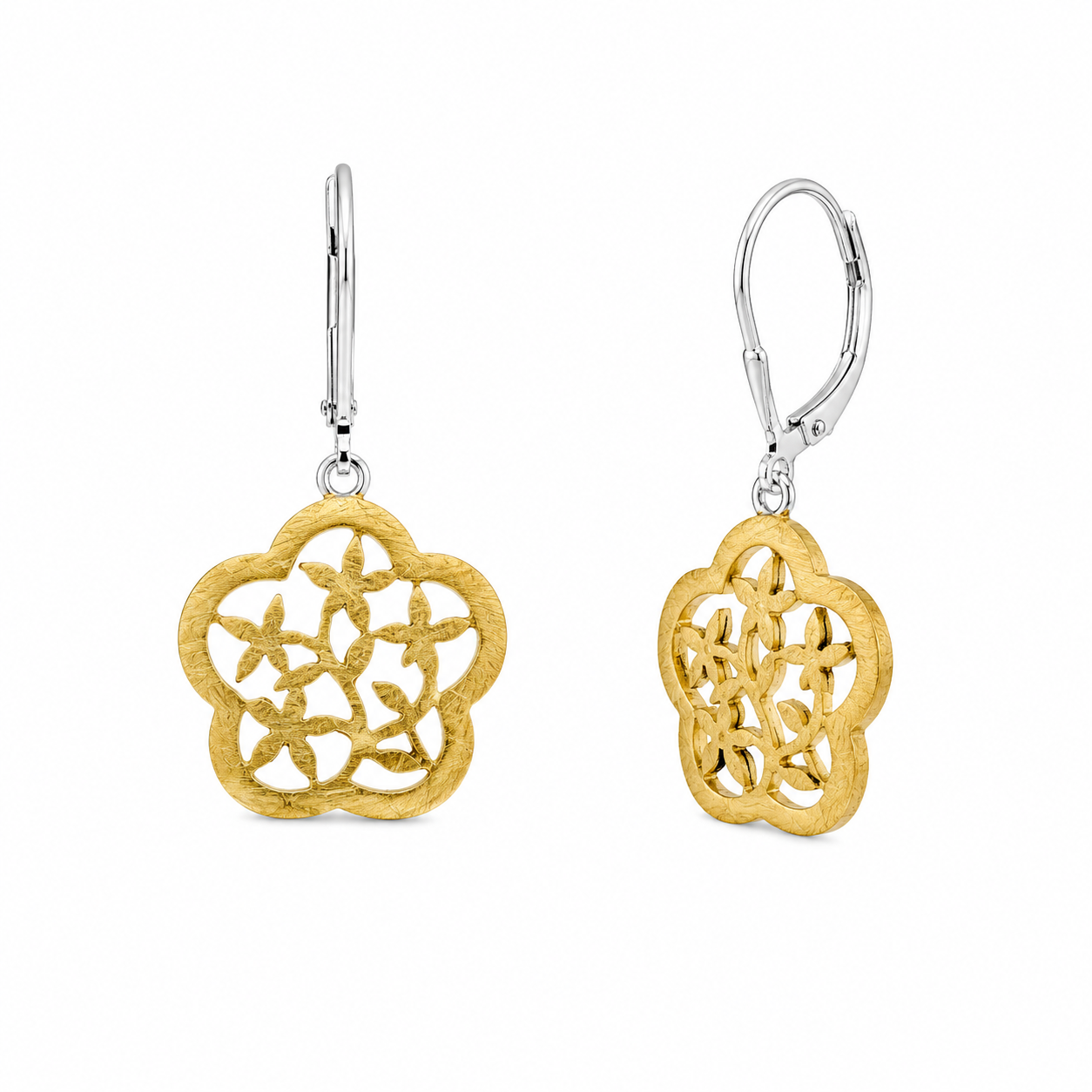 Clearance - Silver Matte Finish Dangling Gold Plated Flower Earrings - SPE00002