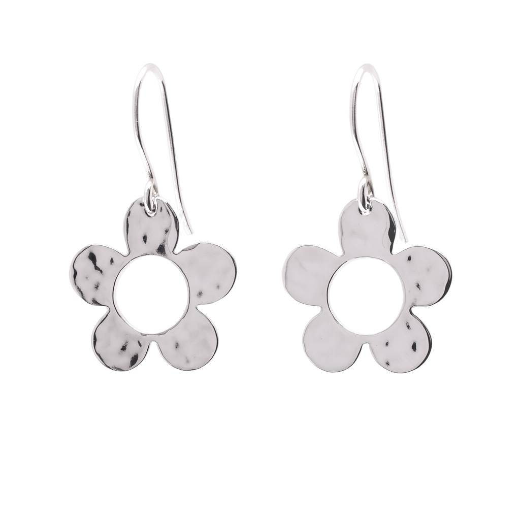 925 Sterling Silver Hammered Dangling Flower Earrings - SPE00008