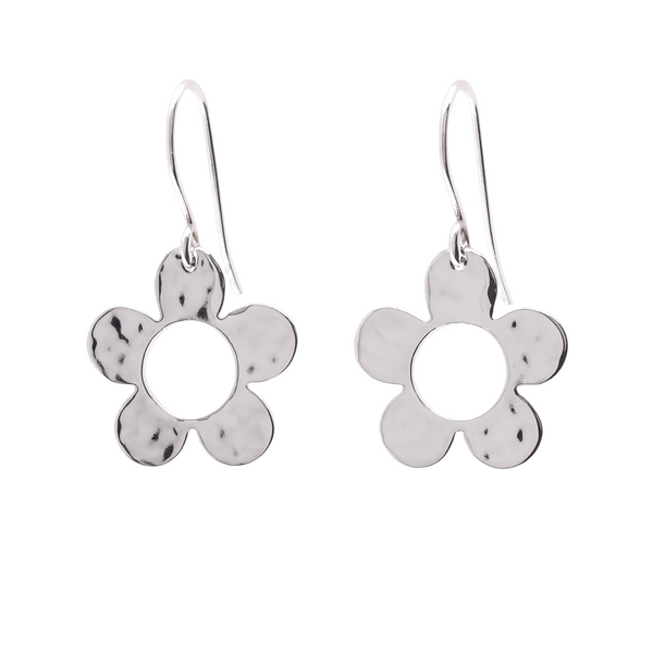 925 Sterling Silver Hammered Dangling Flower Earrings- SPE00008