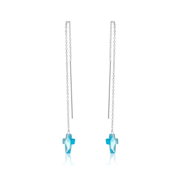 Rhodium Plated 925 Sterling Silver Threaded Colored CZ Cross Earrings - SPE00011