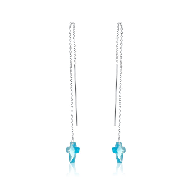 Rhodium Plated 925 Sterling Silver Threaded Colored CZ Cross Earrings - SPE00011
