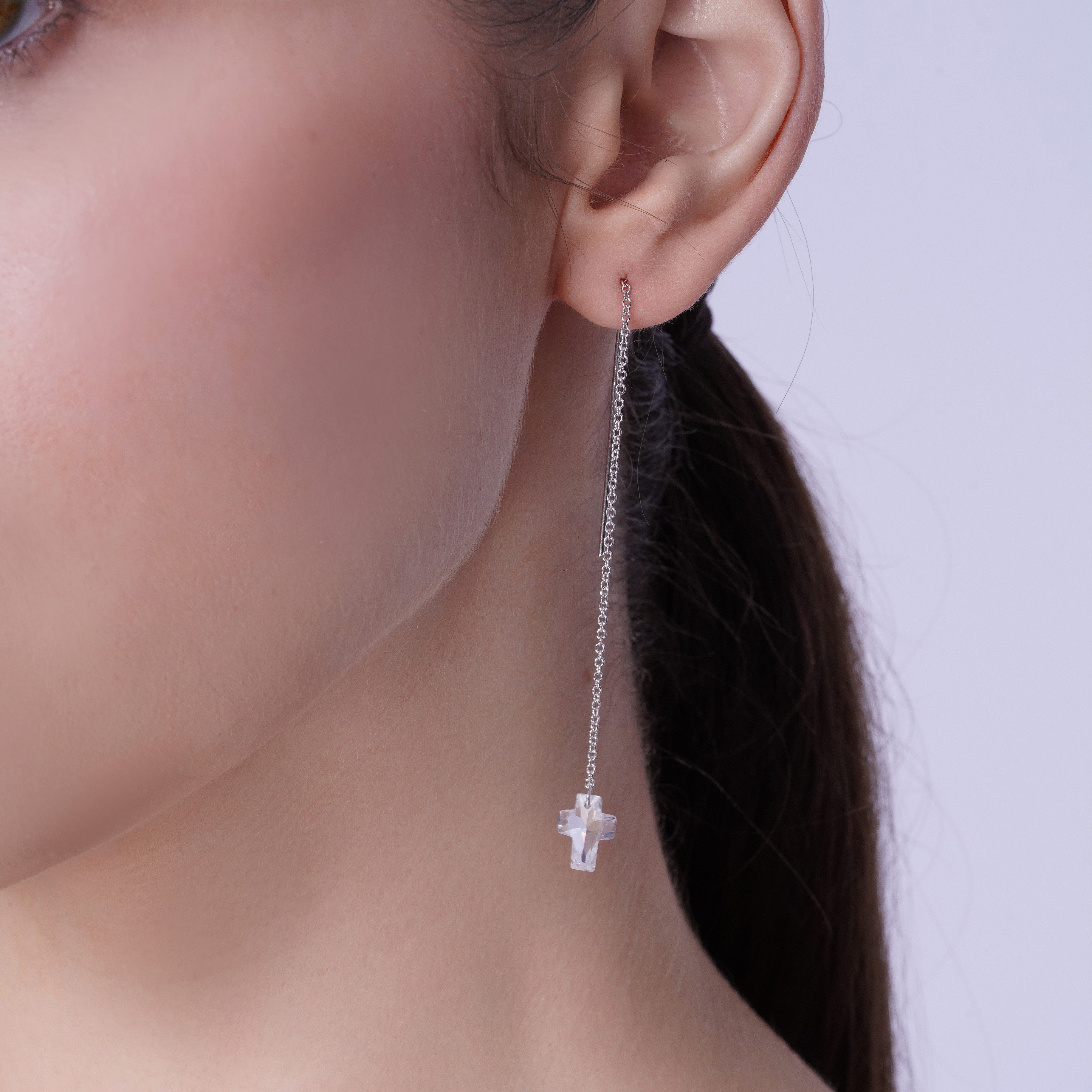 Rhodium Plated 925 Sterling Silver Threaded Colored CZ Cross Earrings - SPE00011