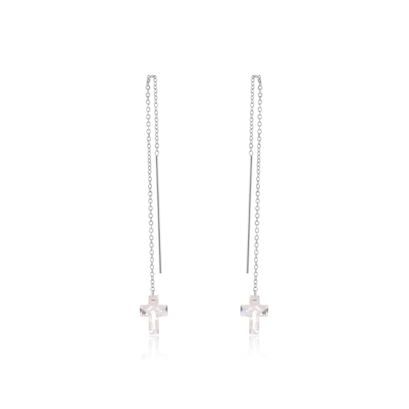 Rhodium Plated 925 Sterling Silver Threaded Colored CZ Cross Earrings - SPE00011