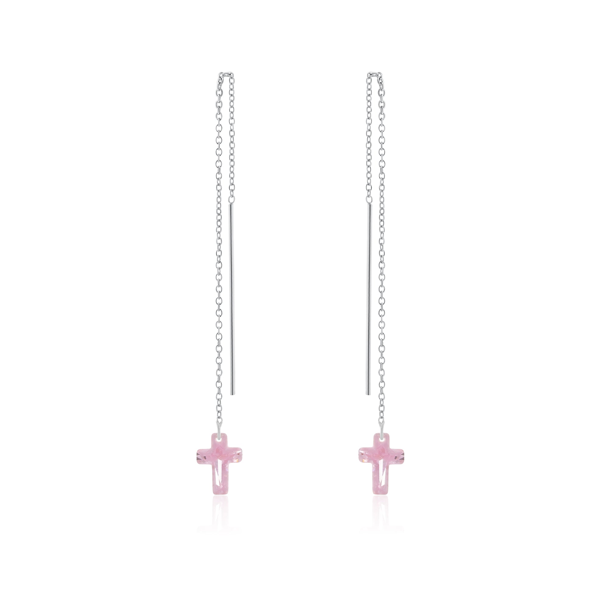 Rhodium Plated 925 Sterling Silver Threaded Colored CZ Cross Earrings - SPE00011