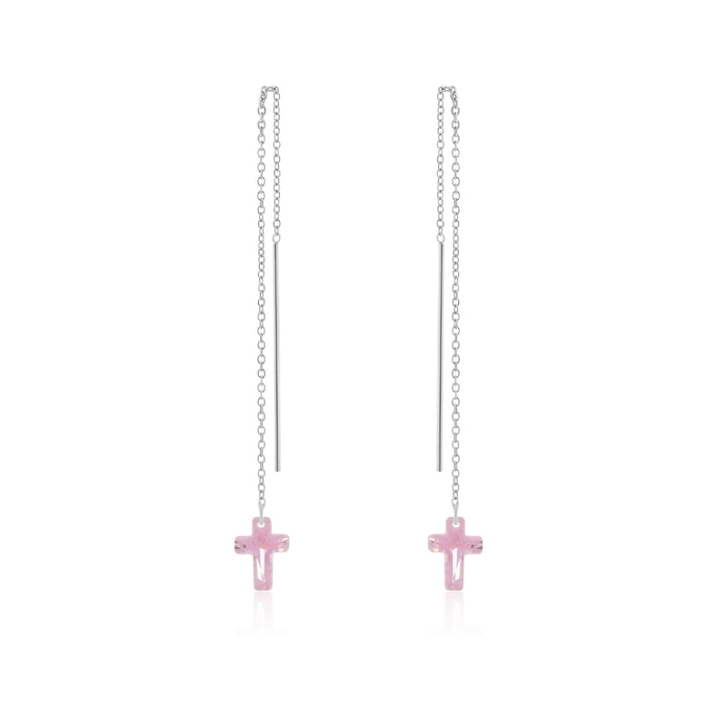 Rhodium Plated 925 Sterling Silver Threaded Colored CZ Cross Earrings - SPE00011