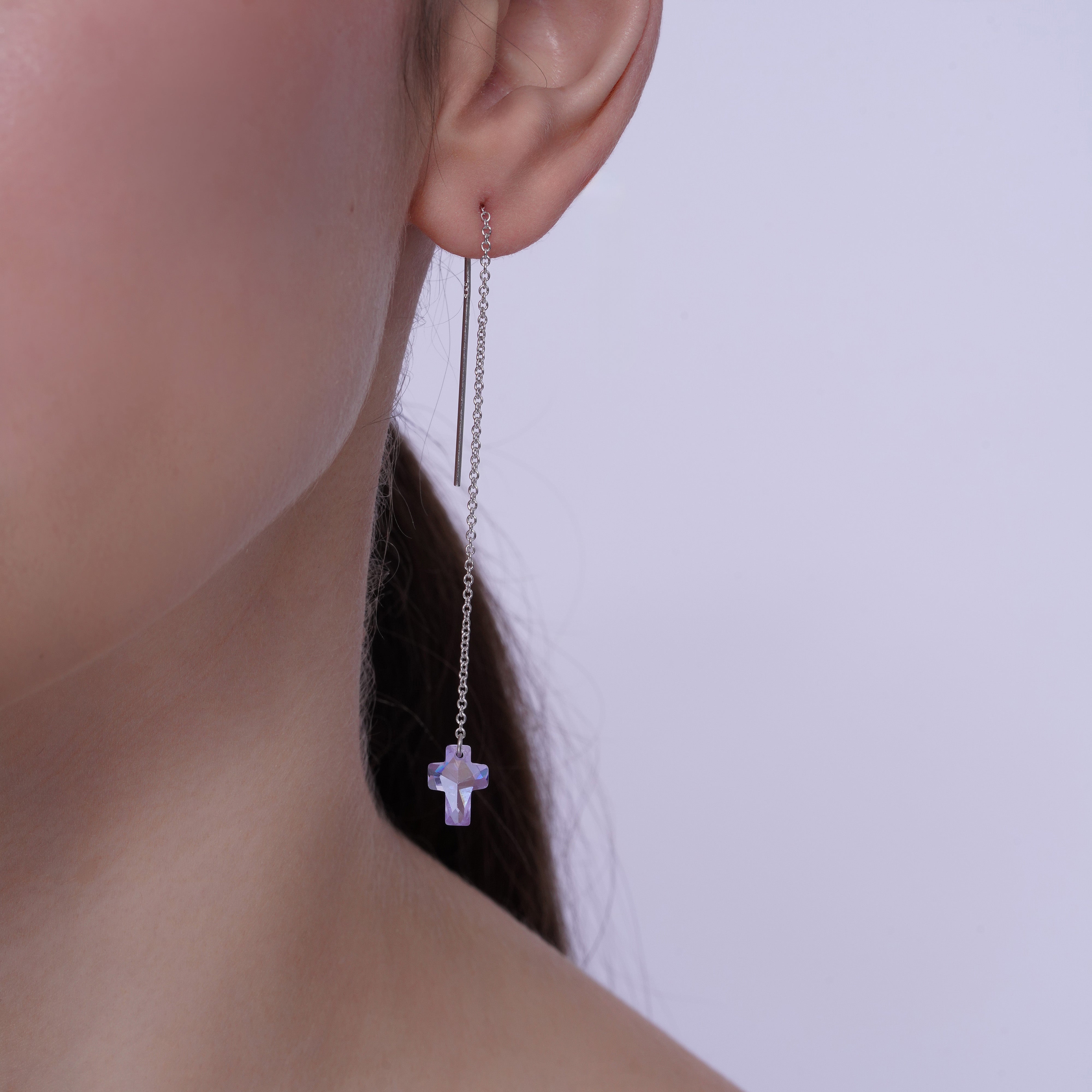 Rhodium Plated 925 Sterling Silver Threaded Colored CZ Cross Earrings - SPE00011