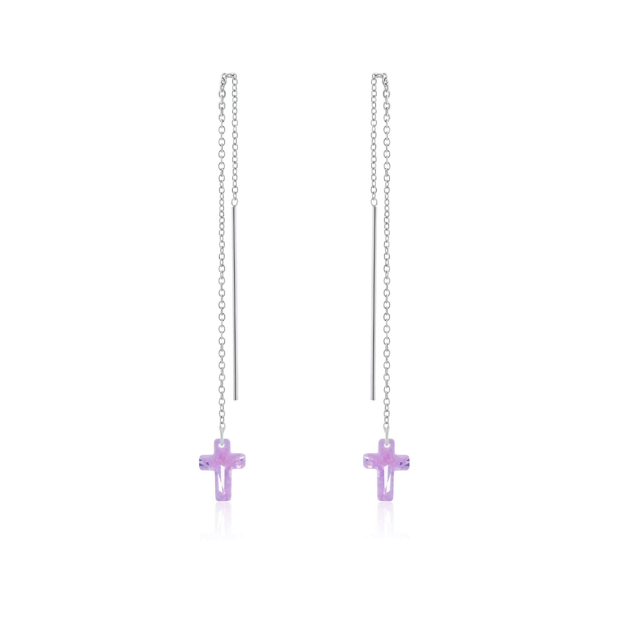 Rhodium Plated 925 Sterling Silver Threaded Colored CZ Cross Earrings - SPE00011