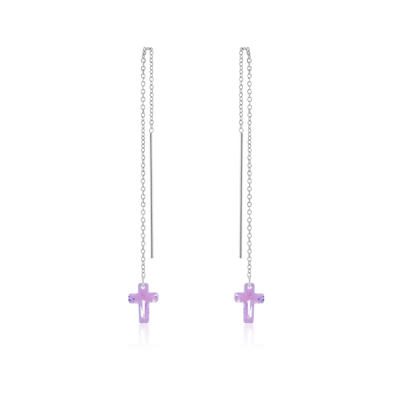 Rhodium Plated 925 Sterling Silver Threaded Colored CZ Cross Earrings - SPE00011