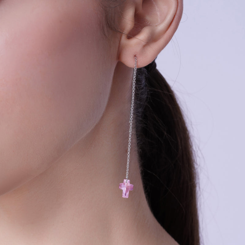 Rhodium Plated 925 Sterling Silver Threaded Colored CZ Cross Earrings - SPE00011