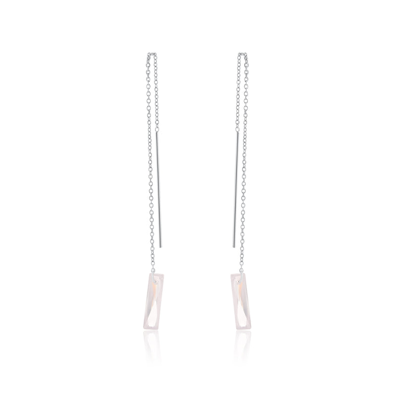 Rhodium Plated 925 Sterling Silver Threaded Rectangle CZ Earrings- SPE00012