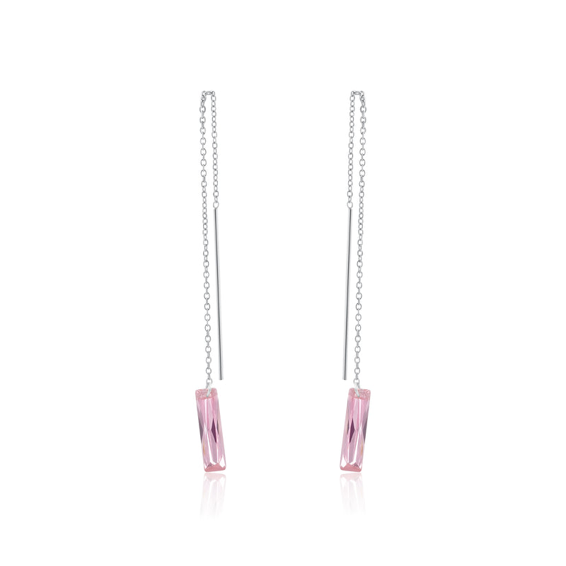 Rhodium Plated 925 Sterling Silver Threaded Rectangle CZ Earrings- SPE00012