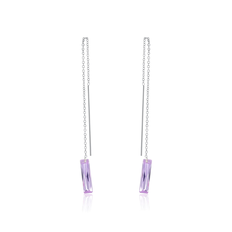 Rhodium Plated 925 Sterling Silver Threaded Rectangle CZ Earrings- SPE00012