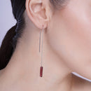 Rhodium Plated 925 Sterling Silver Threaded Rectangle CZ Earrings- SPE00012