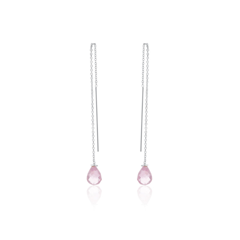 Rhodium Plated 925 Sterling Silver Threaded CZ Tear Drop Earrings- SPE00013
