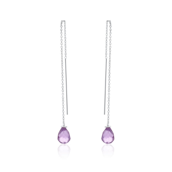 Rhodium Plated 925 Sterling Silver Threaded CZ Tear Drop Earrings- SPE00013