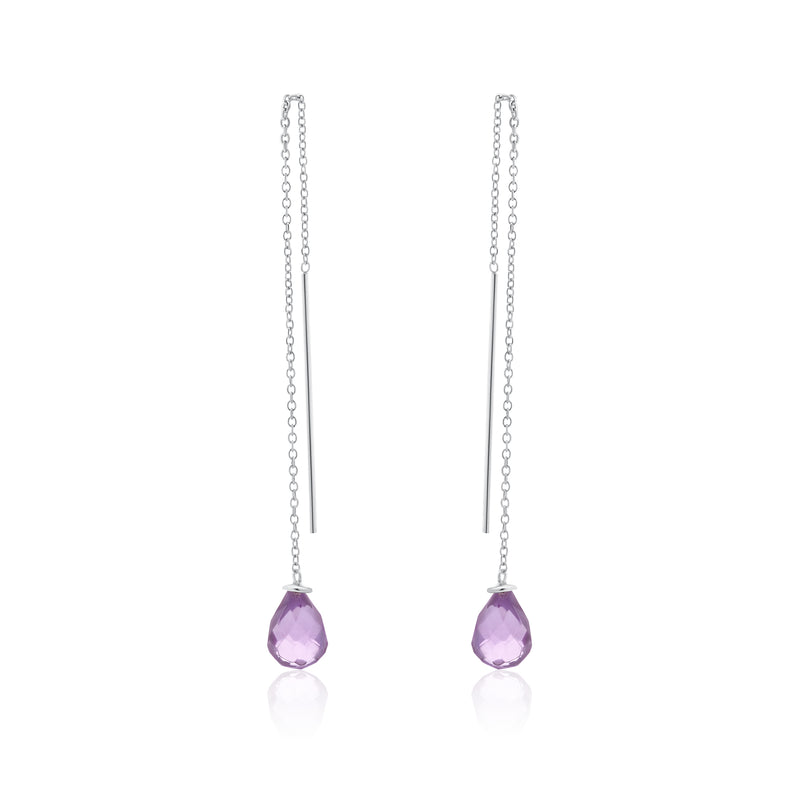 Rhodium Plated 925 Sterling Silver Threaded CZ Tear Drop Earrings- SPE00013