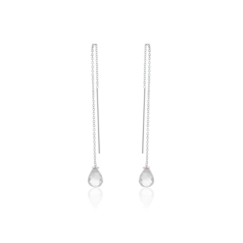 Rhodium Plated 925 Sterling Silver Threaded CZ Tear Drop Earrings- SPE00013