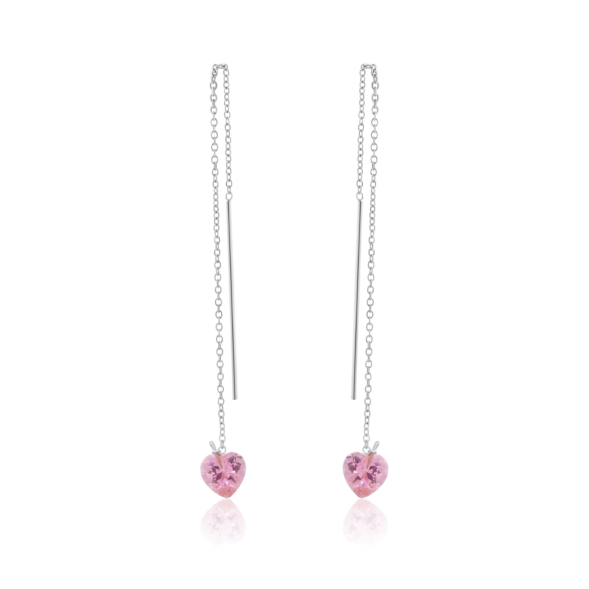 Rhodium Plated 925 Sterling Silver Threaded Pink CZ Heart Earrings- SPE00014