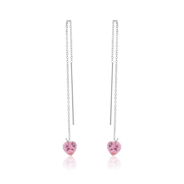 Rhodium Plated 925 Sterling Silver Threaded Pink CZ Heart Earrings- SPE00014