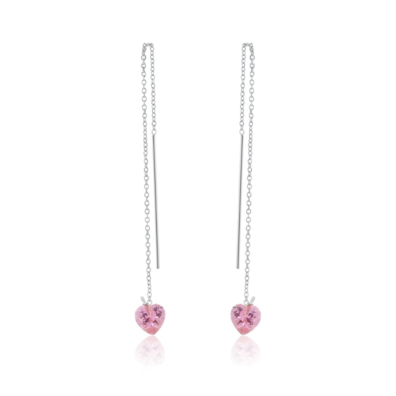 Rhodium Plated 925 Sterling Silver Threaded Pink CZ Heart Earrings- SPE00014