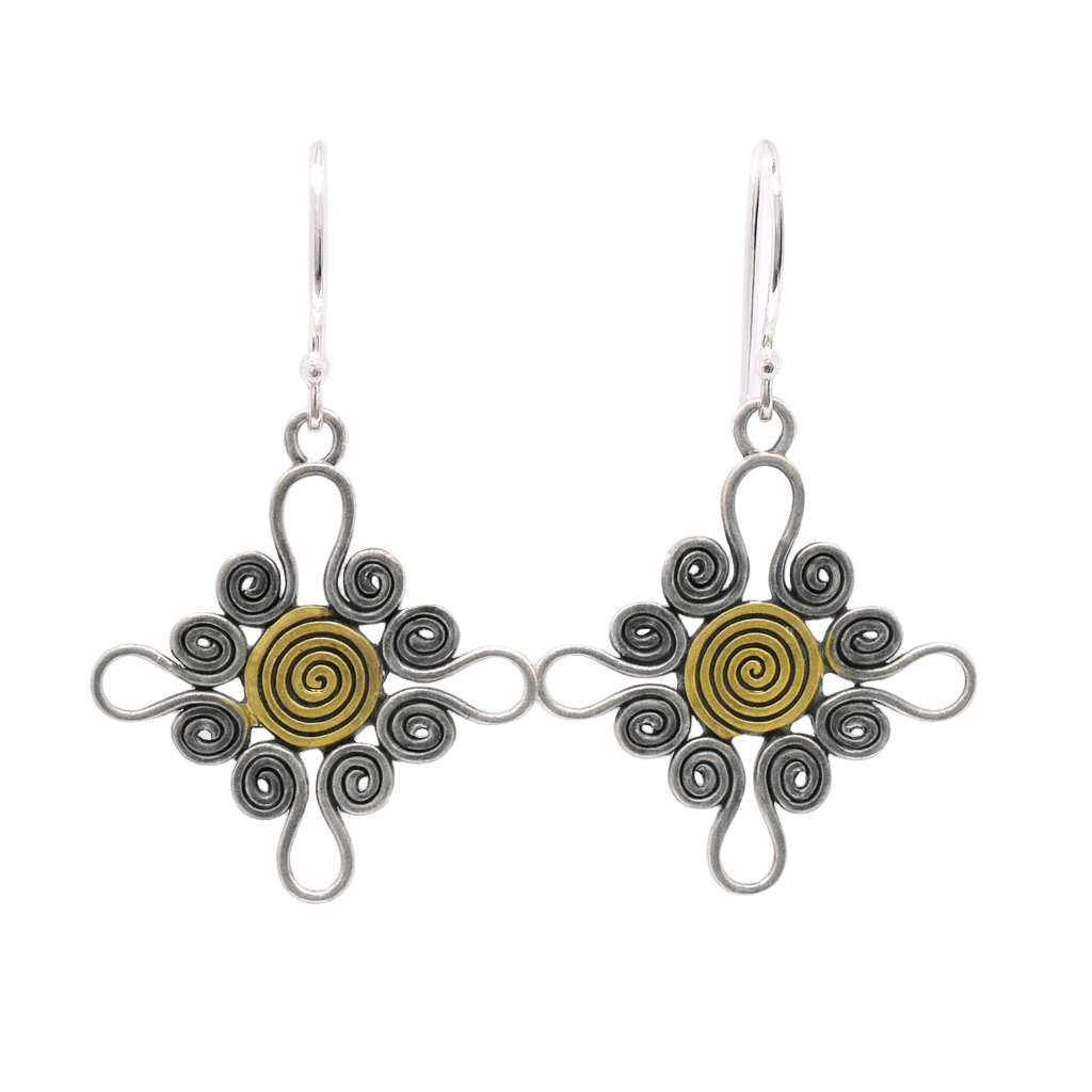 Clearance - Silver Matte Finish & Gold Plated Swirl Cross Dangle Earrings - SPE00019