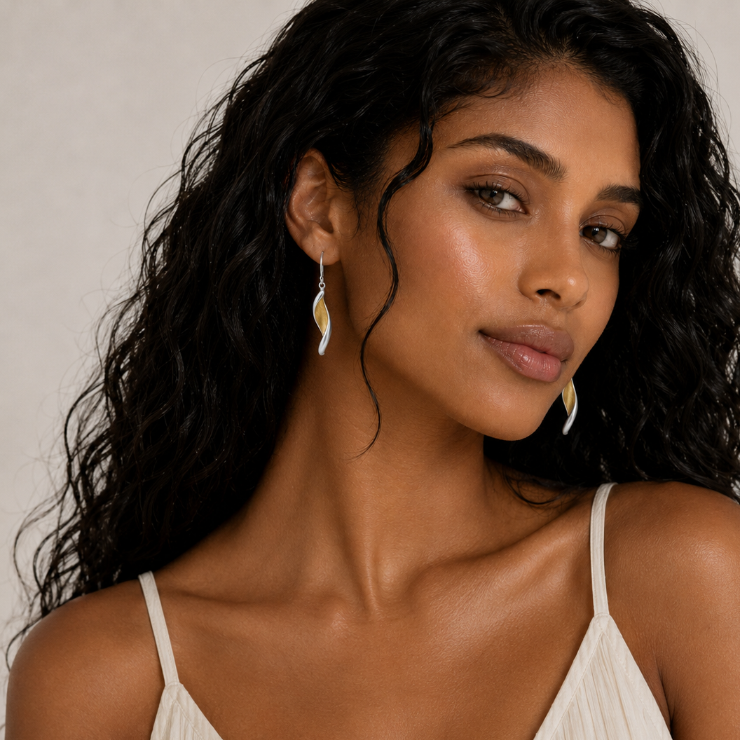 Silver 925 Two Tone Matte Finish Dangling Twisted Almond Shape Earrings - SPE00020 | Silver Palace Inc.