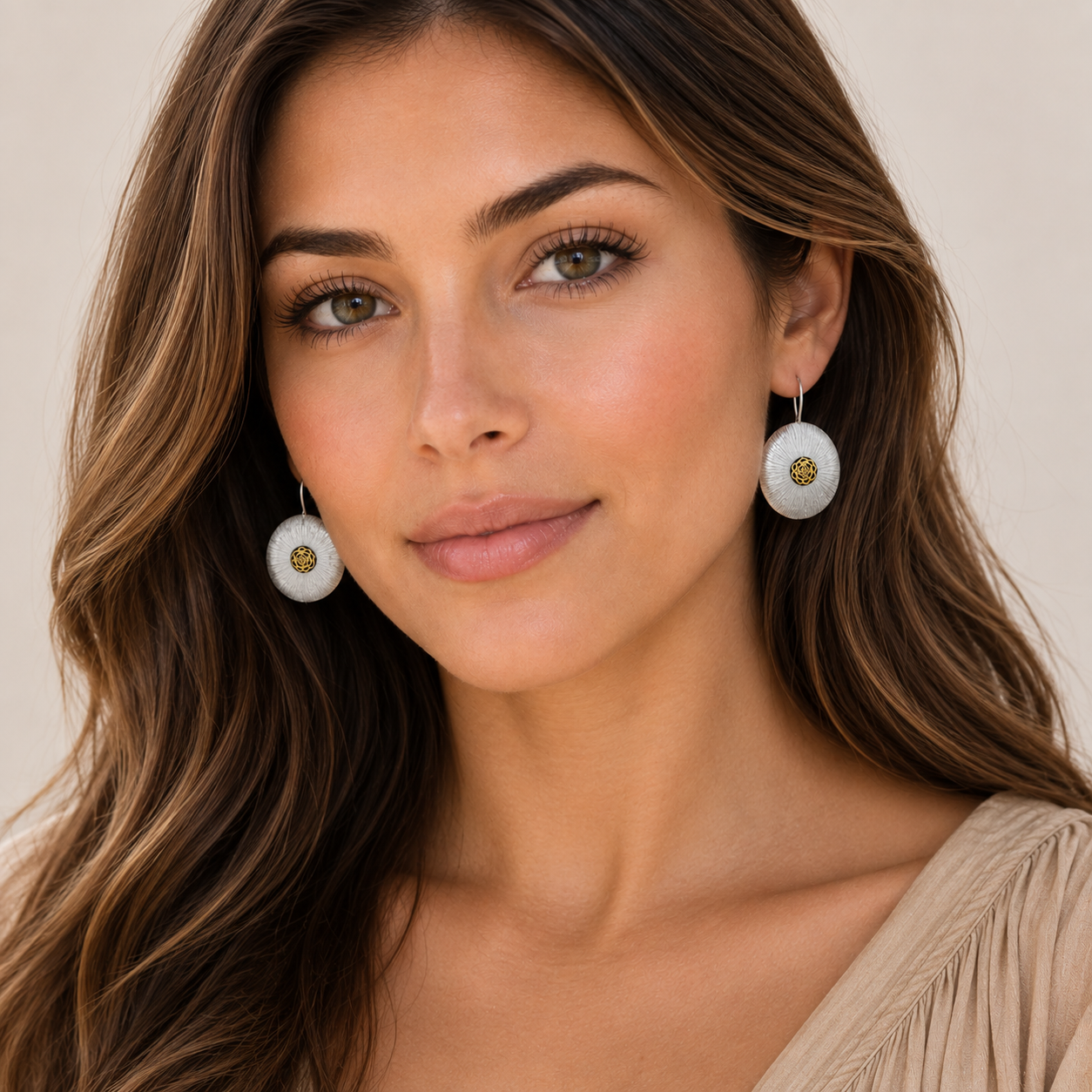 Silver 925 Two Tone Matte Finish Large Stamped Disc Earrings - SPE00022 | Silver Palace Inc.