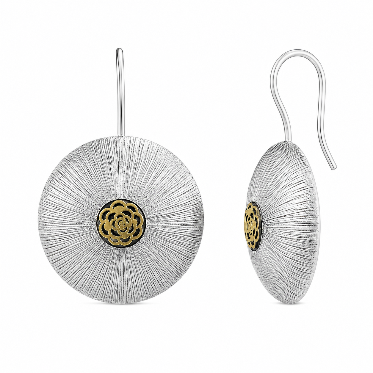 Silver 925 Two Tone Matte Finish Large Stamped Disc Earrings - SPE00022 | Silver Palace Inc.