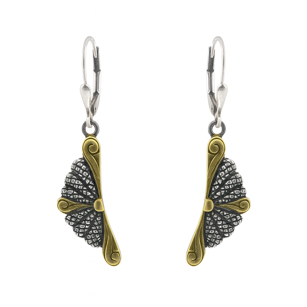 Clearance - 925 Silver Two Tone Oxidized Matte Fan Dangle Earrings - SPE00023
