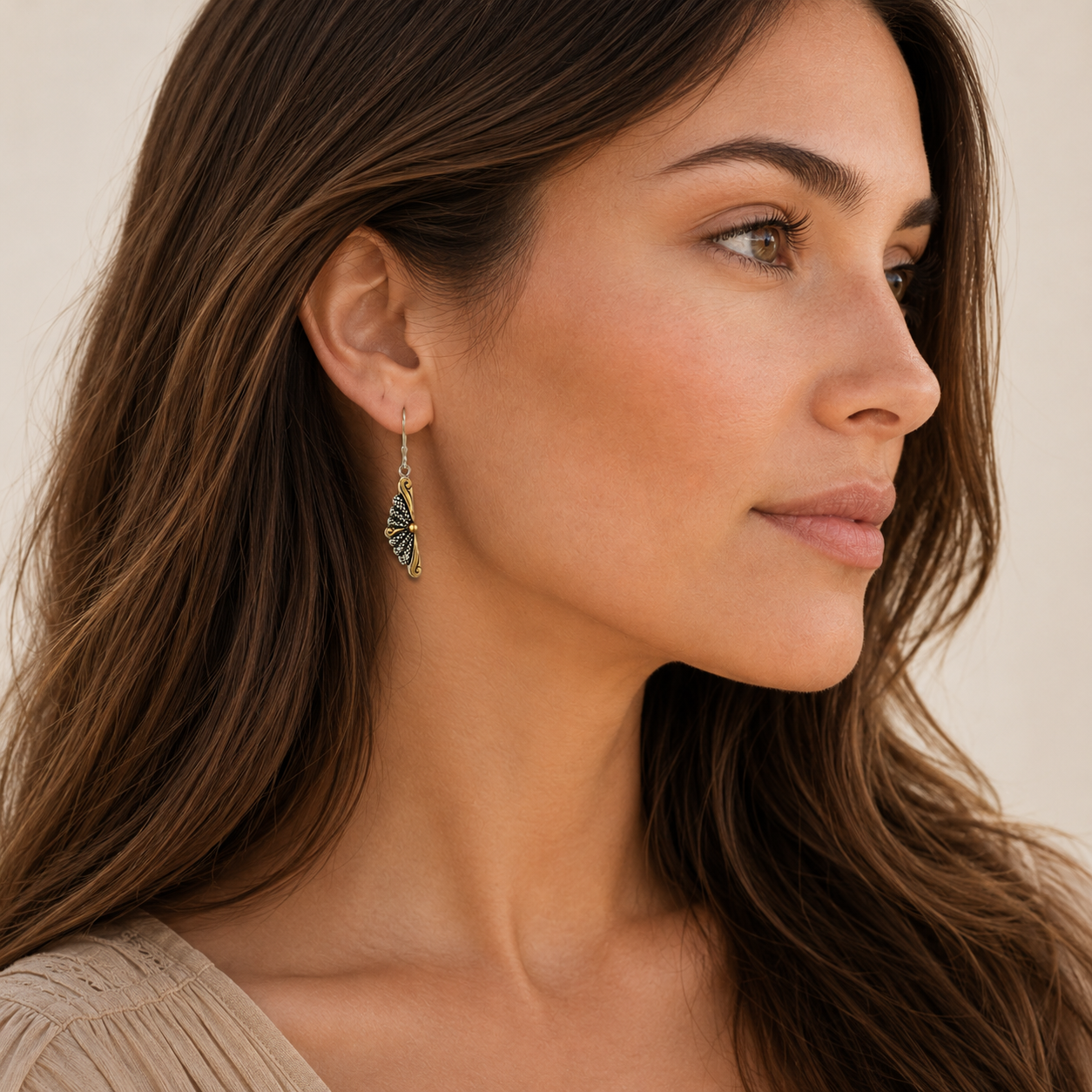 Silver 925 Two Tone Oxidized Matte Fan Dangle Earrings - SPE00023 | Silver Palace Inc.