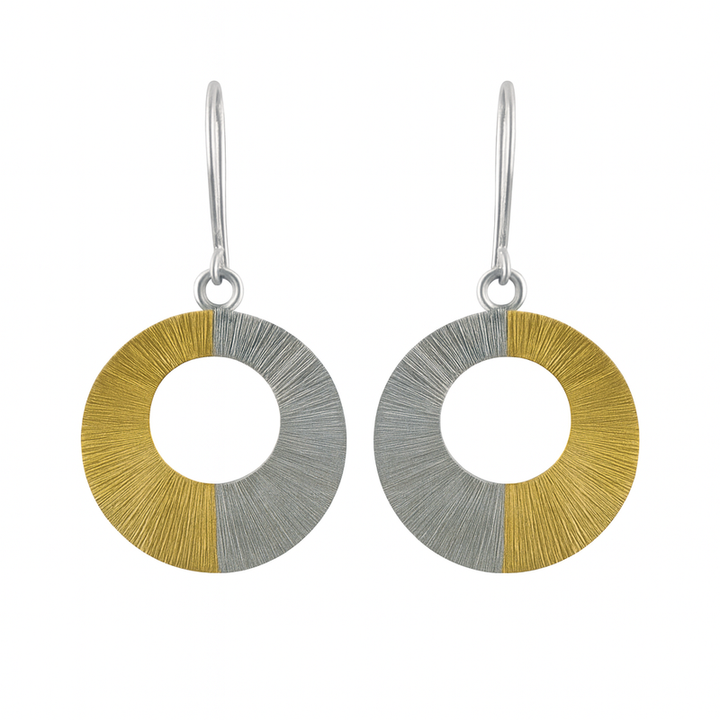 Clearance - 925 Silver Two Tone Matte Finish Stripped Open Disc Earrings - SPE00026