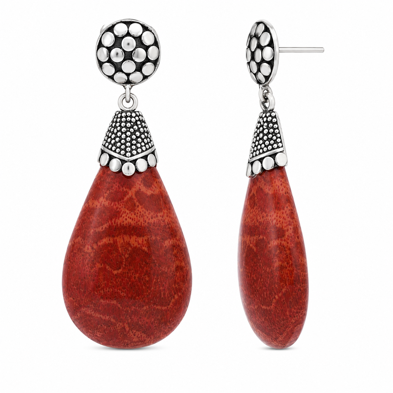 Silver 925 Oxidized Beaded Faux Coral Tear Drop Dangle Earrings - SPE00027 | Silver Palace Inc.