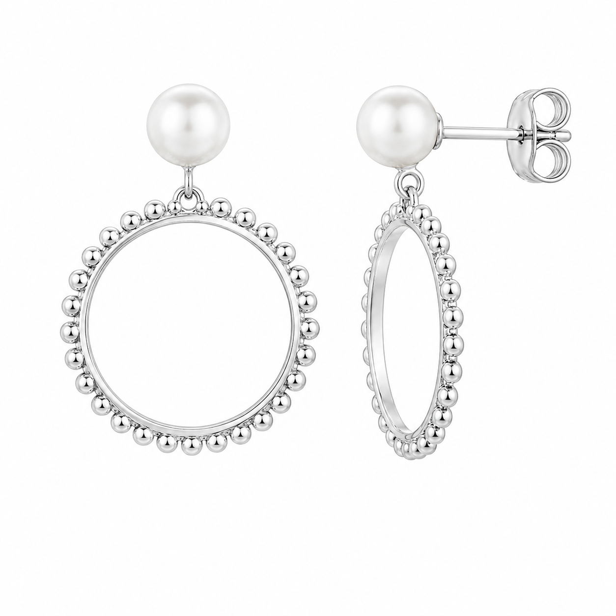 Rhodium Plated 925 Sterling Silver Simulated Pearl & Beaded Open Circle Earrings- SPE00038