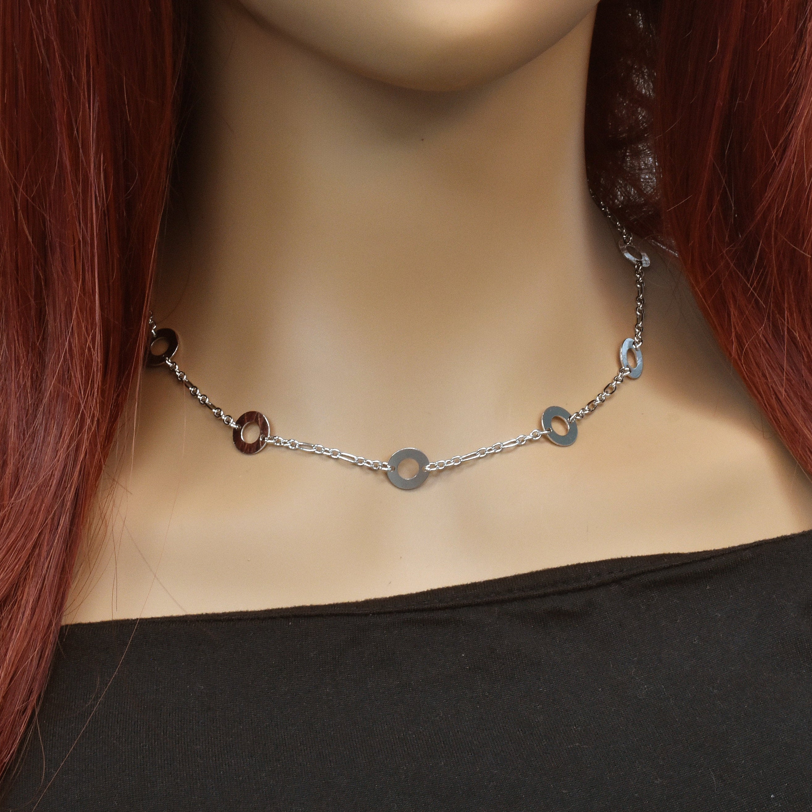 Rhodium Plated 925 Sterling Silver Multi Open Disc Necklace