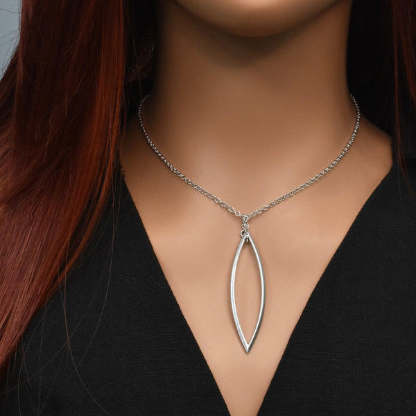 Rhodium Plated 925 Sterling Silver Large Cut Out  Almond Dangle Necklace - SPN00032