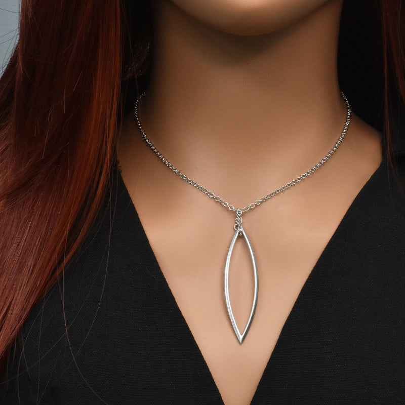 Rhodium Plated 925 Sterling Silver Large Cut Out  Almond Dangle Necklace - SPN00032