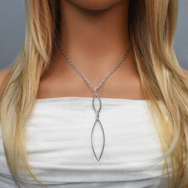 Rhodium Plated 925 Sterling Silver Double Cut Out  Almond Dangle Necklace - SPN00034
