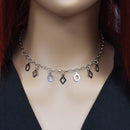 Rhodium Plated 925 Sterling Silver Oval & Diamond Cut Out Dangle Necklace - SPN00035