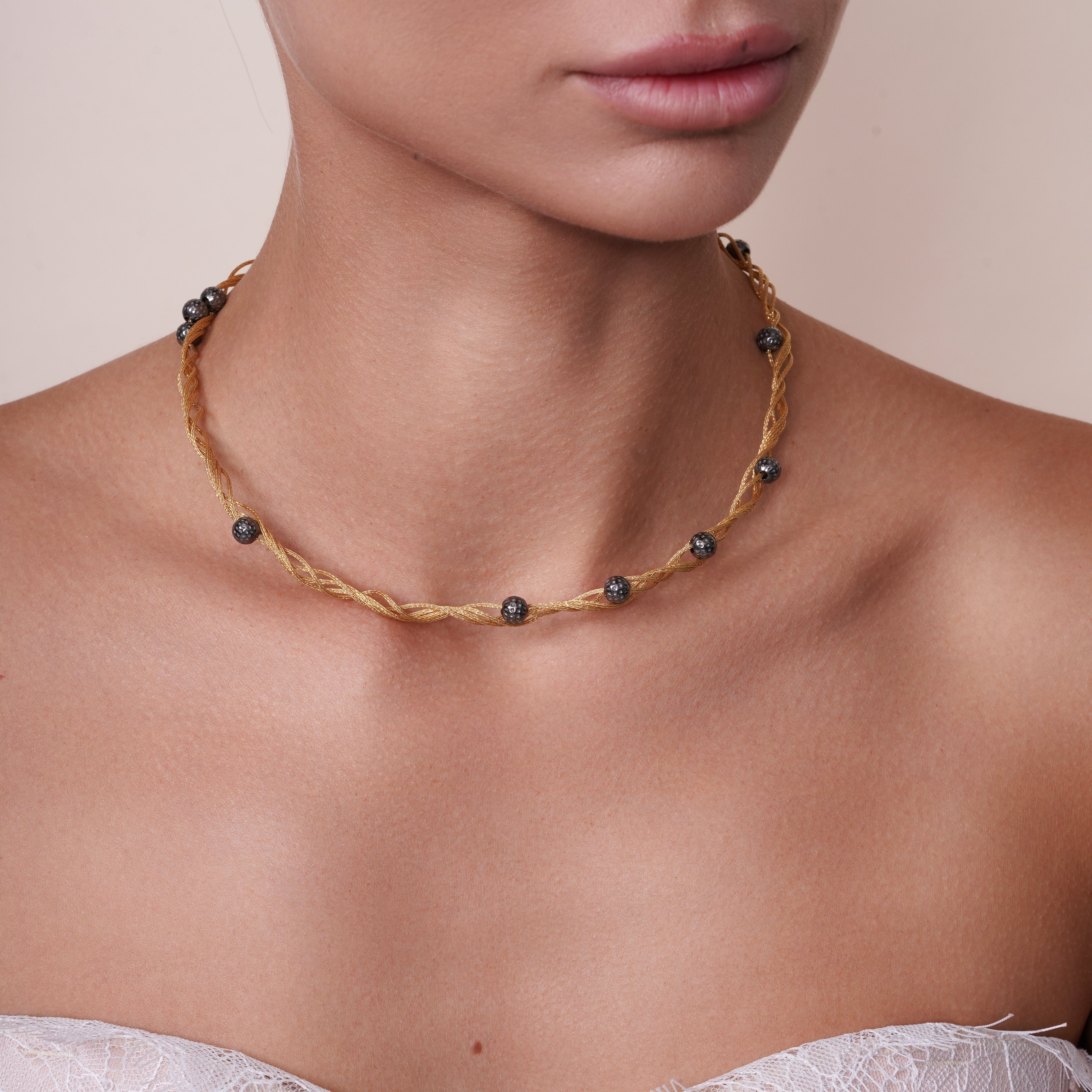 Gold Plated Sterling Silver with Black Beads Twisted Italian Neckalce - SPN00037