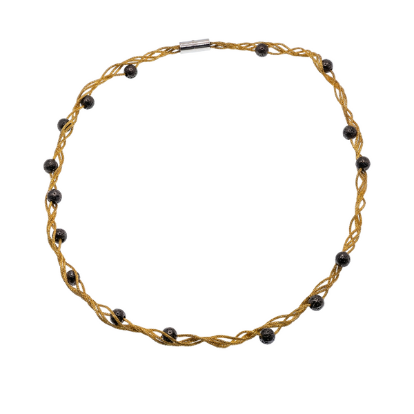 Gold Plated Sterling Silver with Black Beads Twisted Italian Neckalce - SPN00037