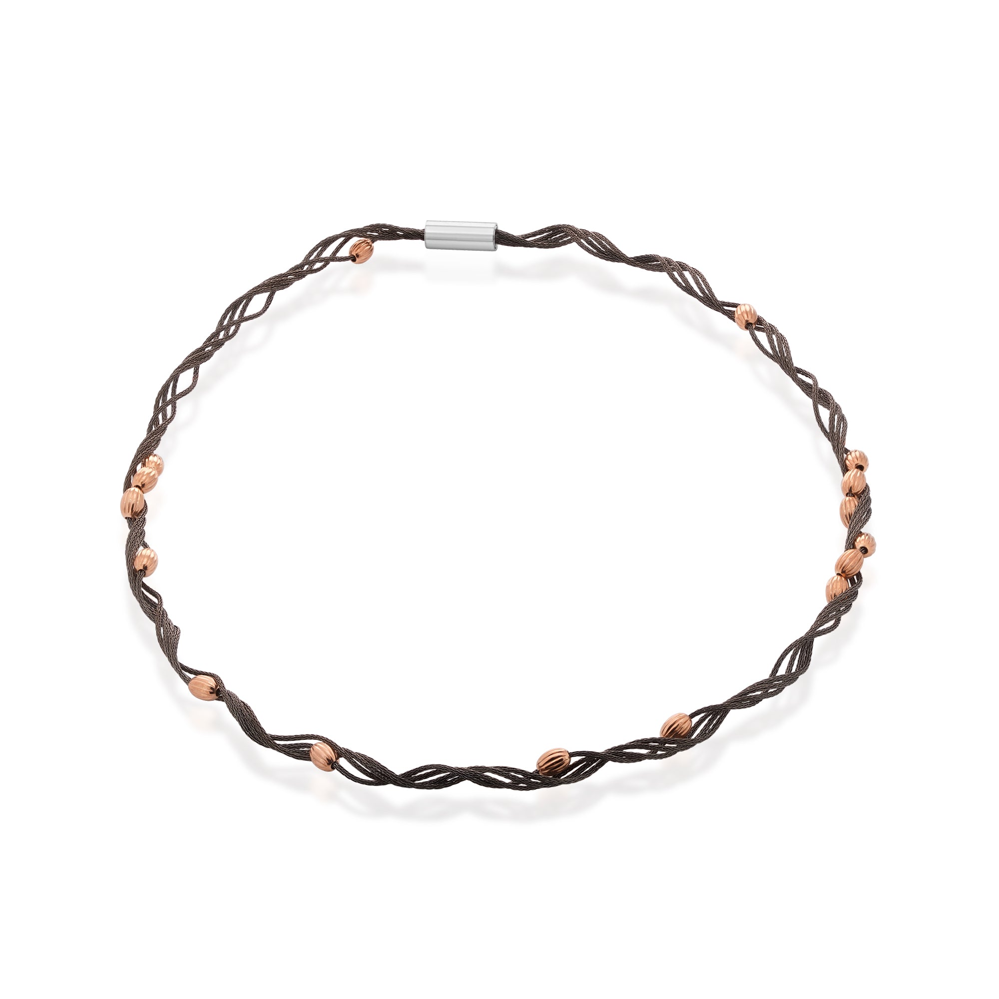 Black Rhodium Plated Sterling Silver with Rose Oval Beads Twisted Italian Necklace - SPN00038