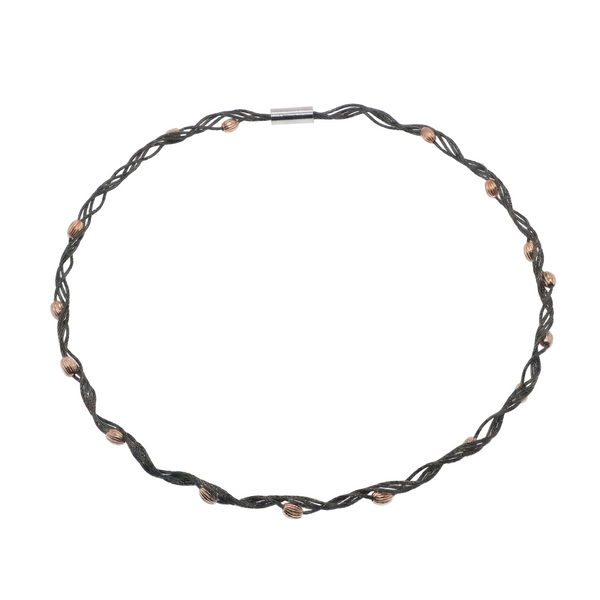 Black Rhodium Plated Sterling Silver with Rose Oval Beads Twisted Italian Necklace - SPN00038