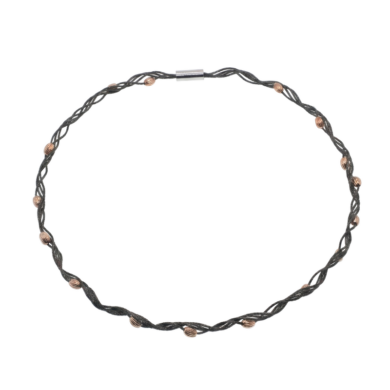 Black Rhodium Plated Sterling Silver with Rose Oval Beads Twisted Italian Necklace - SPN00038