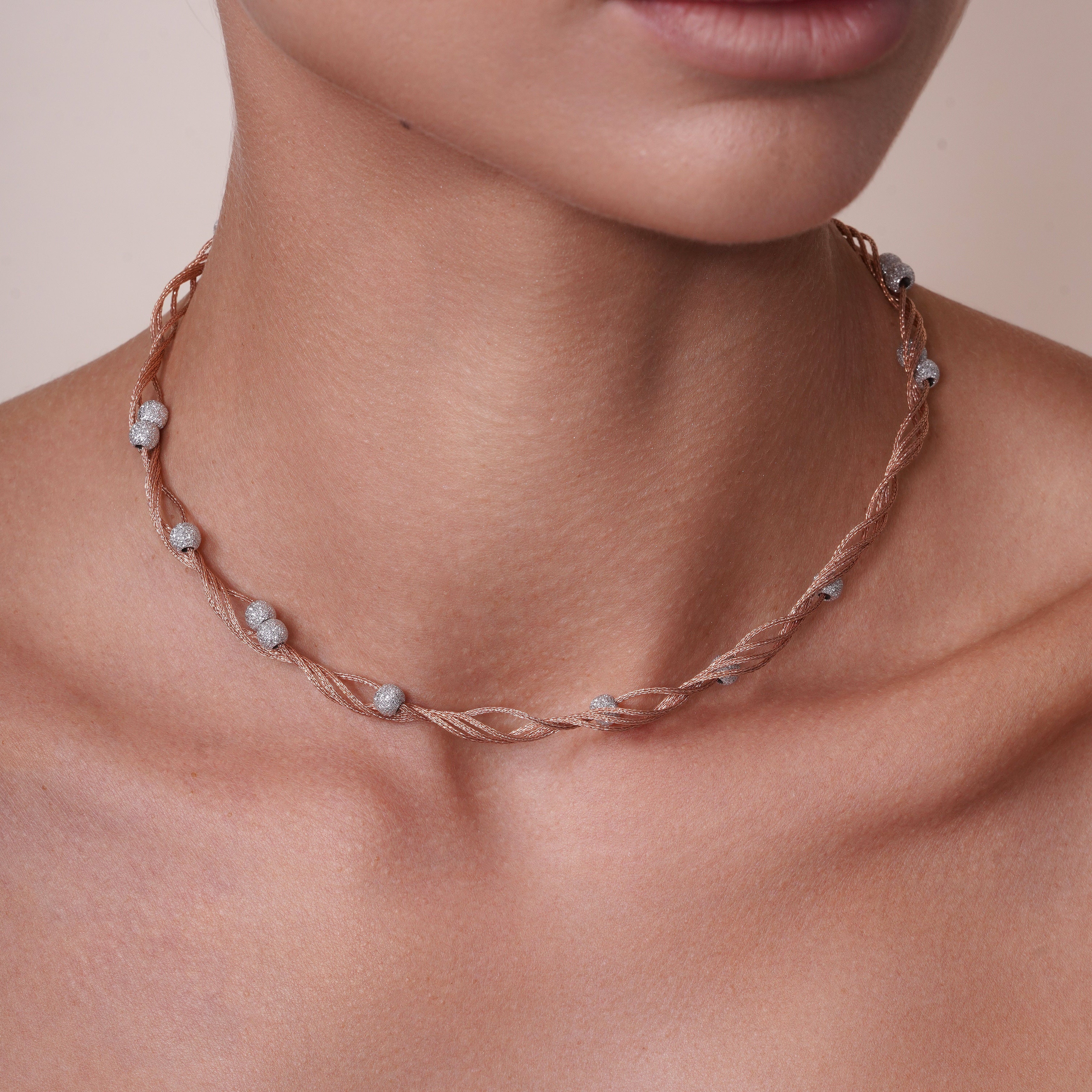 Rose Gold Plated Sterling Silver with Rhodium Shimmer Beads Twisted Italian Necklace- SPN00039