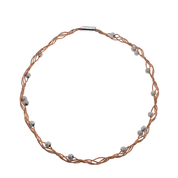 Rose Gold Plated Sterling Silver with Rhodium Shimmer Beads Twisted Italian Necklace- SPN00039