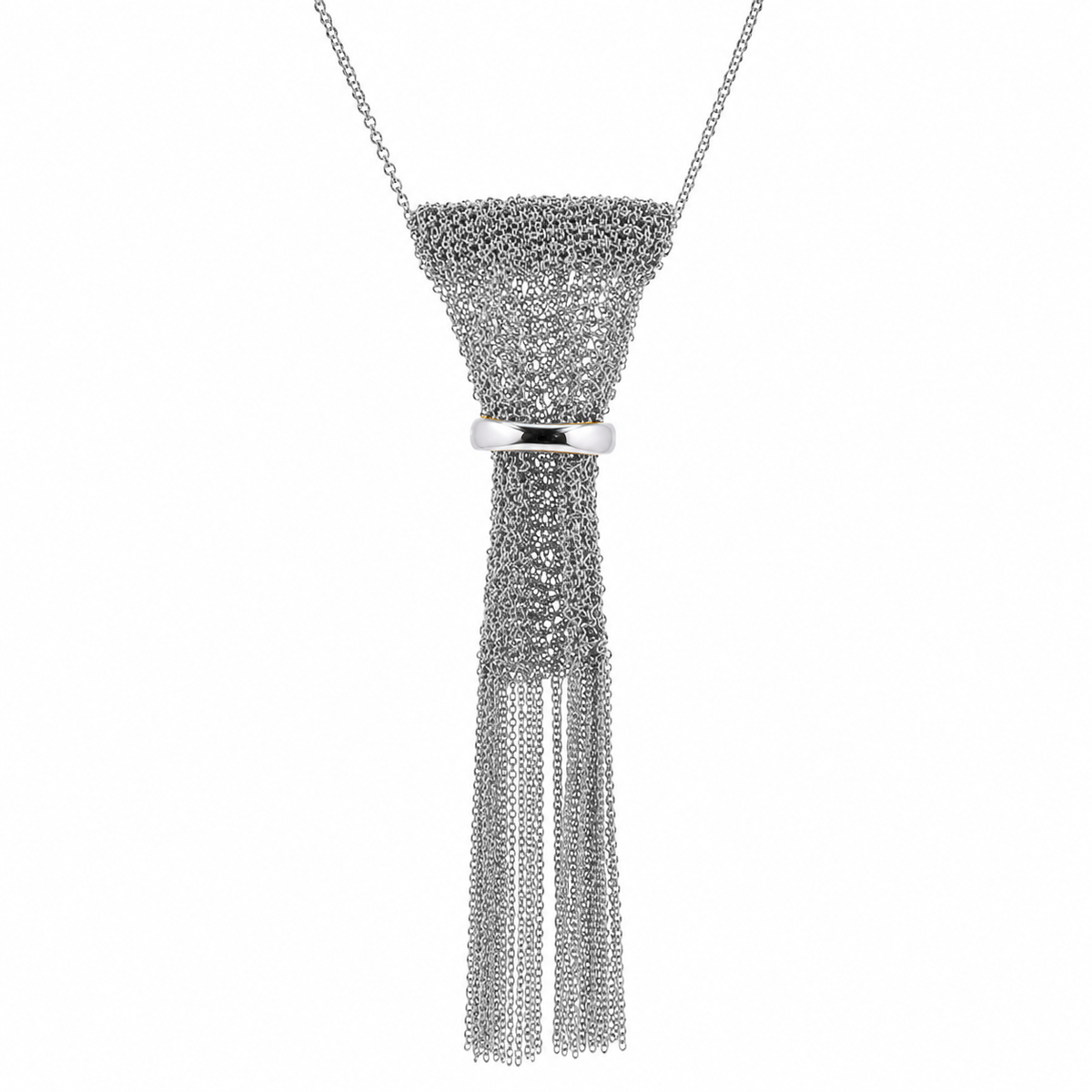 Plated 925 Sterling Silver Italian Thick Multi Strand Mesh Tassel Necklace - SPN00043 | Silver Palace Inc.