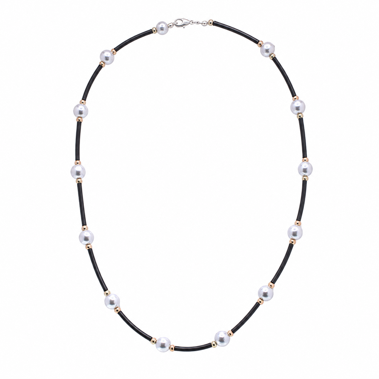 Gold Plated 925 Sterling Silver Grey Pearl &  Black Rubber Spacer Necklace - SPN00044