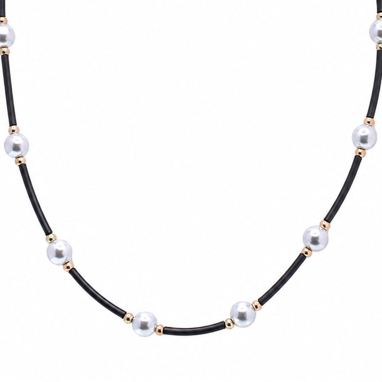 Gold Plated 925 Sterling Silver Grey Pearl &  Black Rubber Spacer Necklace - SPN00044